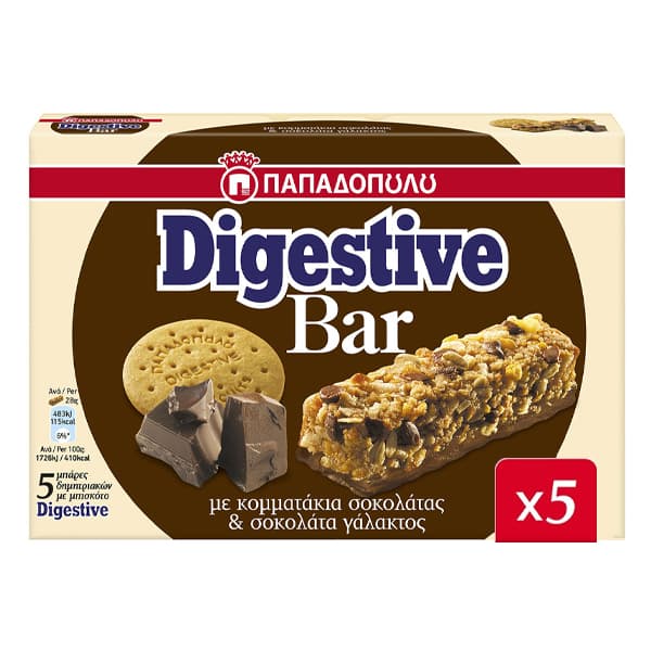Digestive Bars Σοκολάτα Παπαδοπούλου 5x28gr ΜΠΑΡΕΣ ΔΗΜΗΤΡΙΑΚΩΝ
