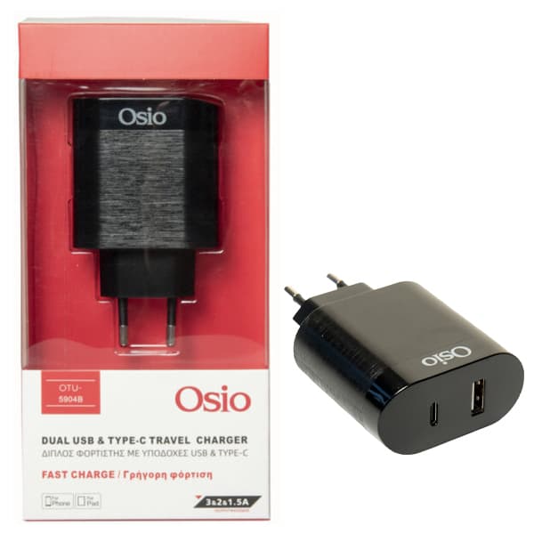 Φορτιστής Ταχείας Φόρτισης Osio Με Usb and Type C Υποδοχή Μαύρος Otu-5904b Φορτιστής Κινητού