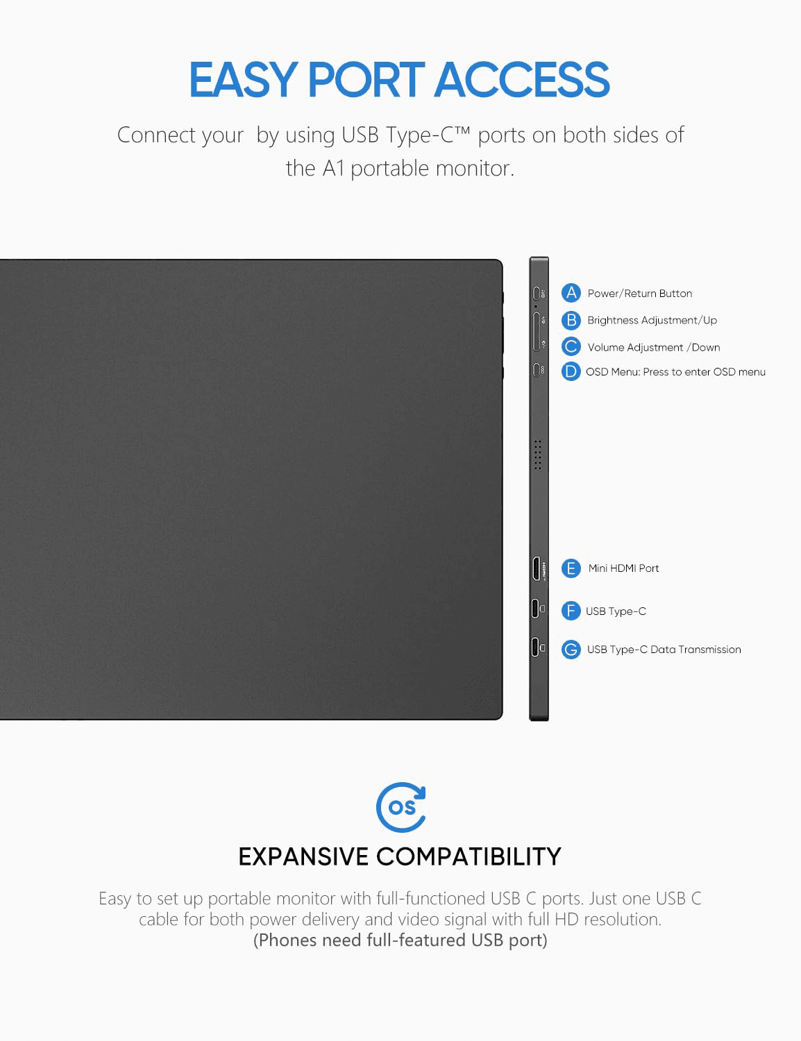 Arzopa Portable Monitor Black 15.6'' FHD 1080P A1