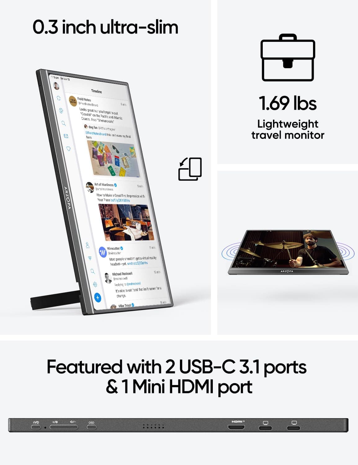 Arzopa Portable Laptop Monitor Black 1080P 17.3'' FHD IPS A1M