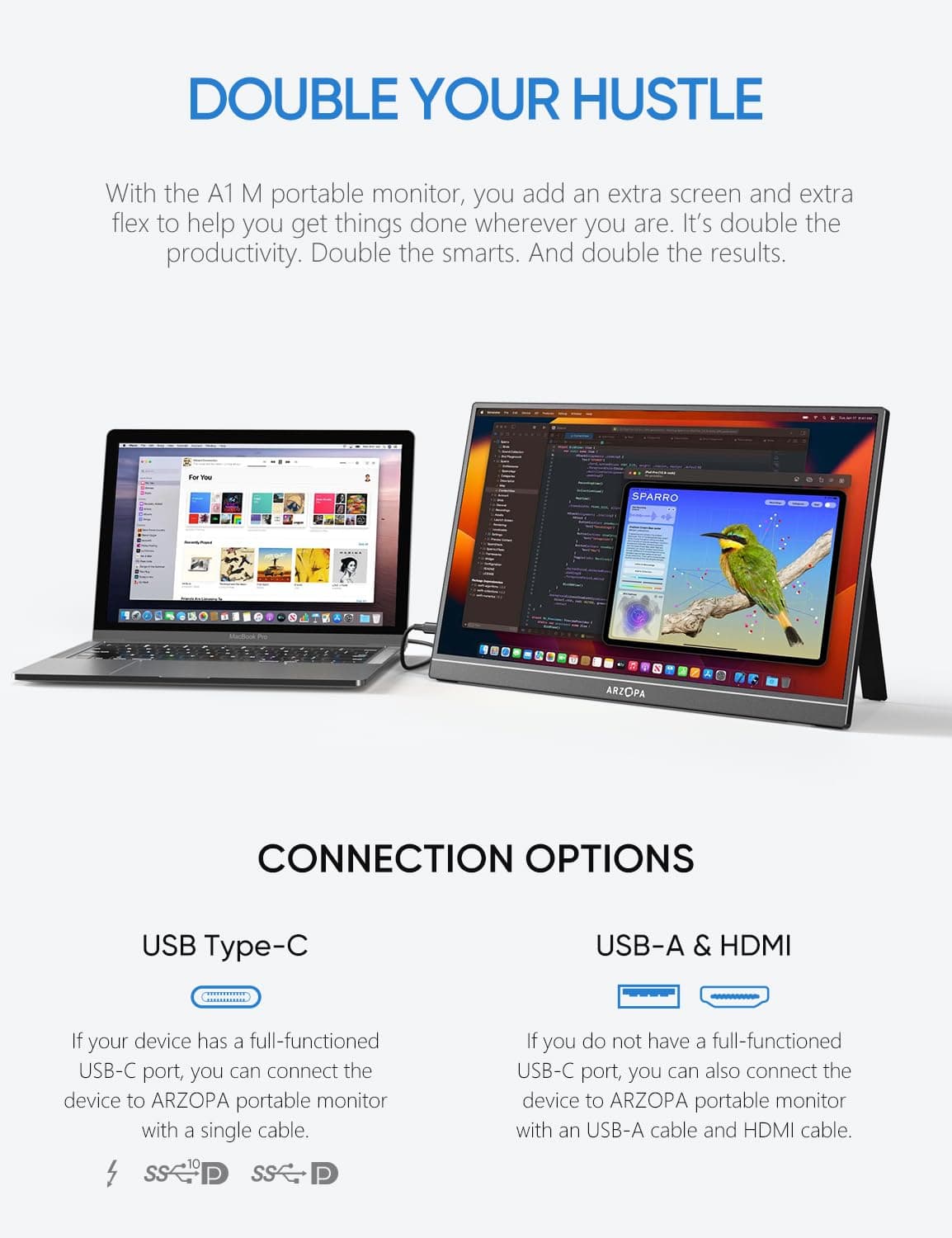Arzopa Portable Laptop Monitor Black 1080P 17.3'' FHD IPS A1M