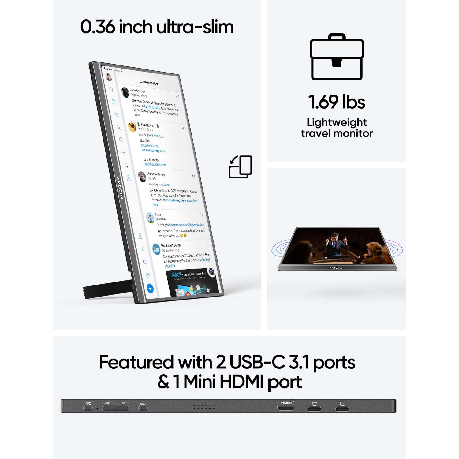 Arzopa Portable Monitor 16.1" FHD Black Z1C