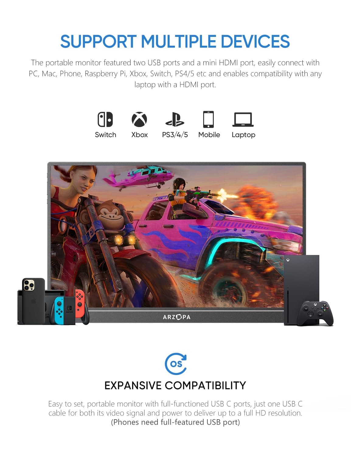 Arzopa Portable Gaming Monitor 16.1" Screen Z1FC-BLK