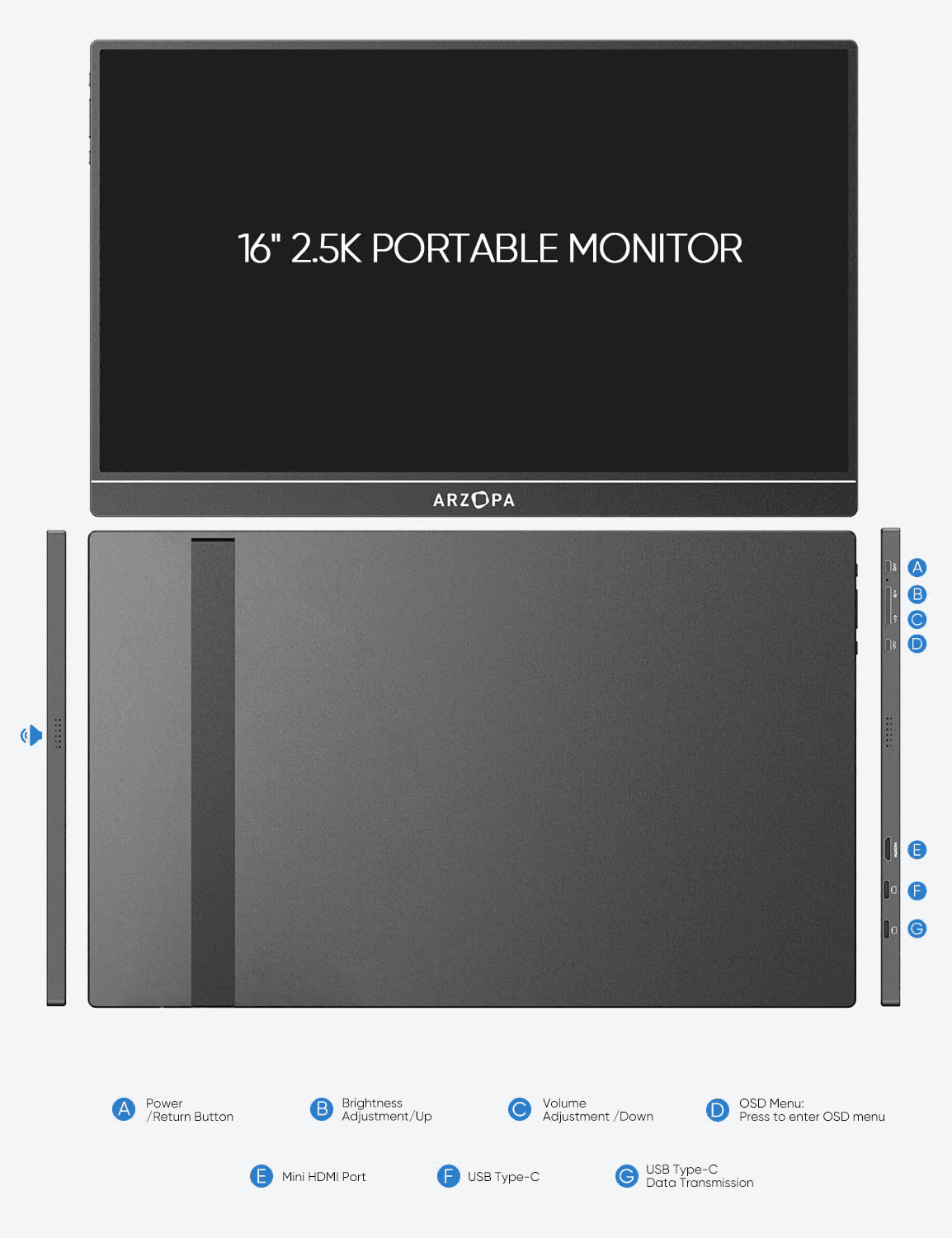 Arzopa 2.5K 16" Portable Monitor Black Z1RC