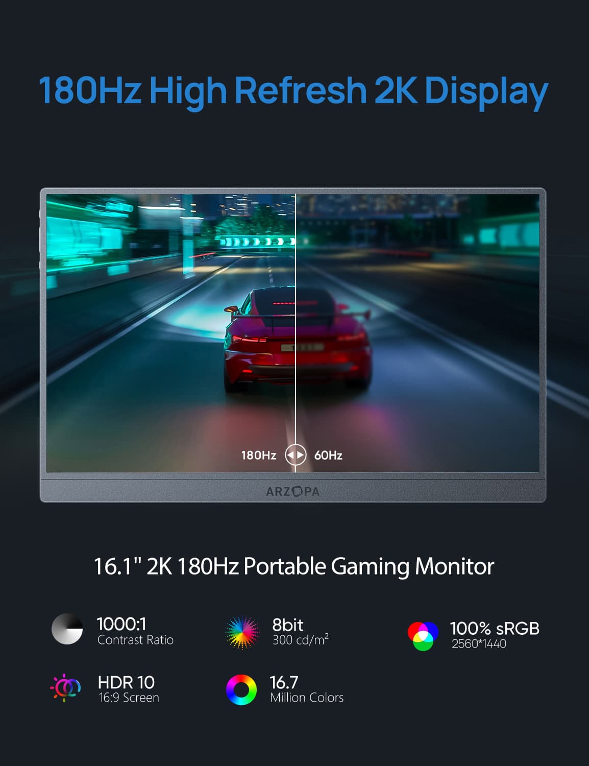 Arzopa 16.1" Portable Gaming Monitor Space Grey 2K QHD 180Hz Z3FC